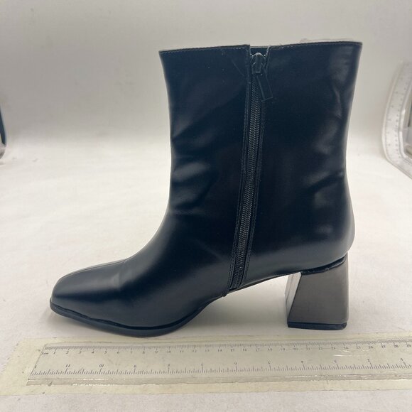Black Square Toe Ankle Boots Block Heel Short Boots Side Zipper Mid Calf Booties - Picture 1 of 7